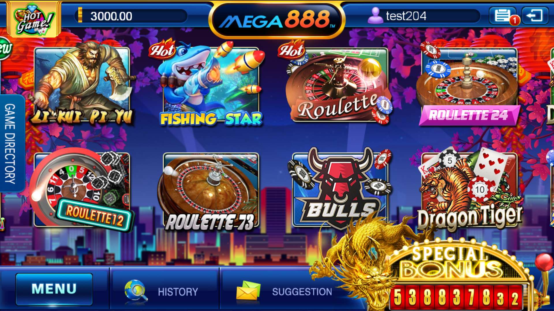 Actual Mega888 game lobby showing fishing and table games